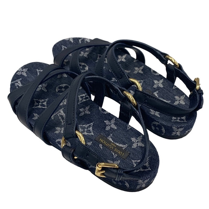 LOUIS VUITTON Ocean Line Monogram Sandals Shoes Leather Denim Navy Flat Sandals