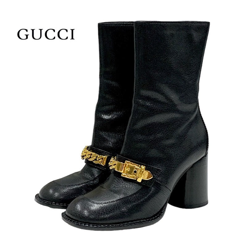 グッチ GUCCI ブーツ ショートブーツ 靴 シューズ チェーンベルト レザー ブラック 黒 ゴールド