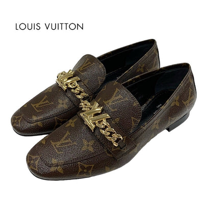 未使用 ルイヴィトン LOUIS VUITTON アッパーケースライン モノグラム ローファー フラットシューズ LV金具 チェーン レザー ブラウン