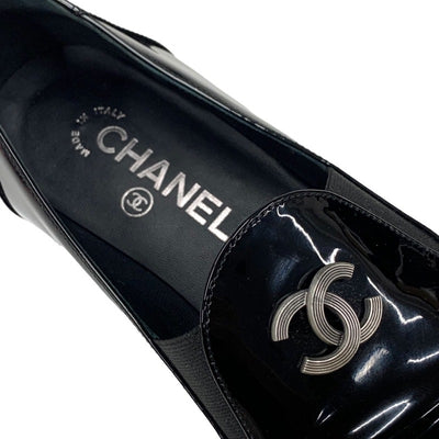 シャネル CHANEL ローファー 革靴 靴 シューズ パテント ブラック 黒 シルバー オペラシューズ フラットシューズ ココマーク