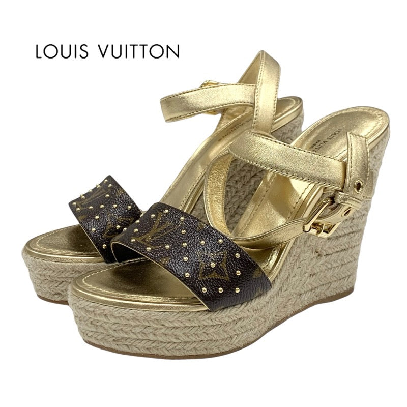 LOUIS VUITTON Starboard Line Monogram Sandals Shoes Leather Gold Brown Wedge Sole Studs