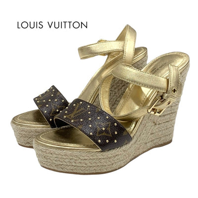 LOUIS VUITTON Starboard Line Monogram Sandals Shoes Leather Gold Brown Wedge Sole Studs