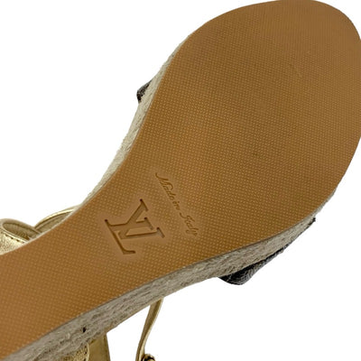 LOUIS VUITTON Starboard Line Monogram Sandals Shoes Leather Gold Brown Wedge Sole Studs