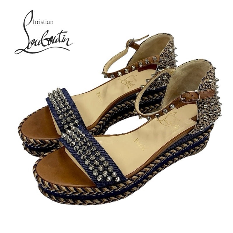 Christian Louboutin Mademonica Sandals Shoes Denim Leather Brown Navy Silver Spikes Studs