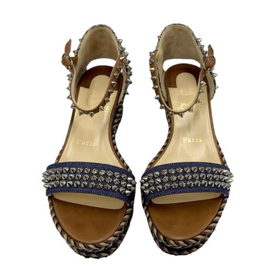 Christian Louboutin Mademonica Sandals Shoes Denim Leather Brown Navy Silver Spikes Studs