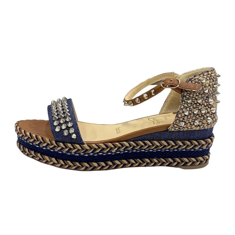 Christian Louboutin Mademonica Sandals Shoes Denim Leather Brown Navy Silver Spikes Studs