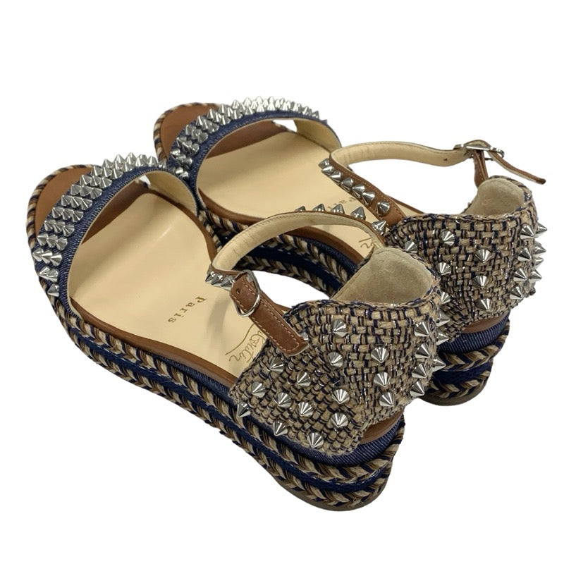 Christian Louboutin Mademonica Sandals Shoes Denim Leather Brown Navy Silver Spikes Studs