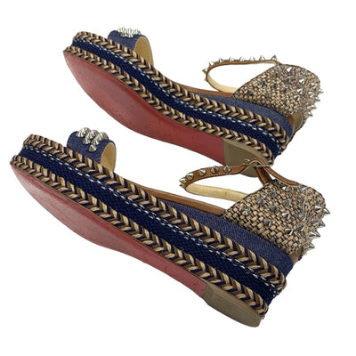 Christian Louboutin Mademonica Sandals Shoes Denim Leather Brown Navy Silver Spikes Studs