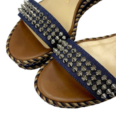 Christian Louboutin Mademonica Sandals Shoes Denim Leather Brown Navy Silver Spikes Studs