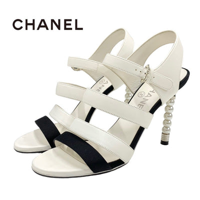 Chanel Sandals Shoes Lambskin White Black Coco Mark Pearl