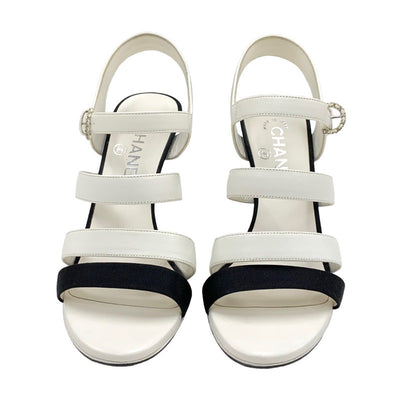 Chanel Sandals Shoes Lambskin White Black Coco Mark Pearl