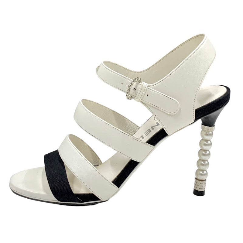 Chanel Sandals Shoes Lambskin White Black Coco Mark Pearl