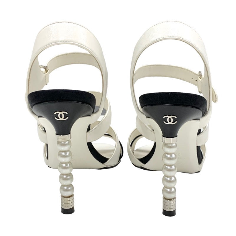 Chanel Sandals Shoes Lambskin White Black Coco Mark Pearl