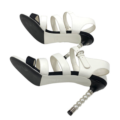 Chanel Sandals Shoes Lambskin White Black Coco Mark Pearl