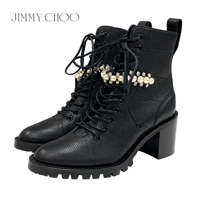 ジミーチュウ JIMMY CHOO CRUZ ブーツ ショートブーツ 靴 シューズ レザー ブラック 黒 ビジュー パール レースアップ