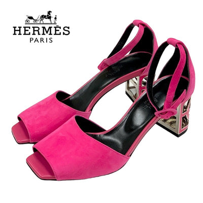 Hermes HERMES Sandals, Shoes, Suede, Pink, Silver, Unused, Metal Heel, Ankle Strap