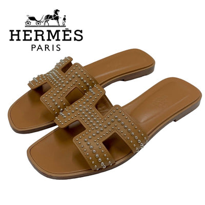 Hermes Oran Sandals Shoes Leather Brown Silver Flat Sandals Studs