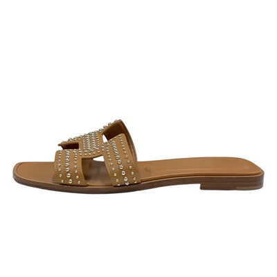 Hermes Oran Sandals Shoes Leather Brown Silver Flat Sandals Studs