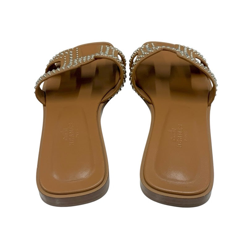 Hermes Oran Sandals Shoes Leather Brown Silver Flat Sandals Studs