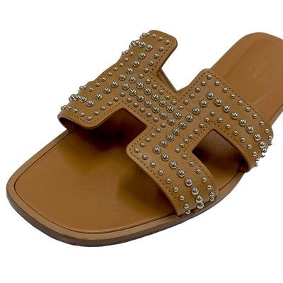 Hermes Oran Sandals Shoes Leather Brown Silver Flat Sandals Studs