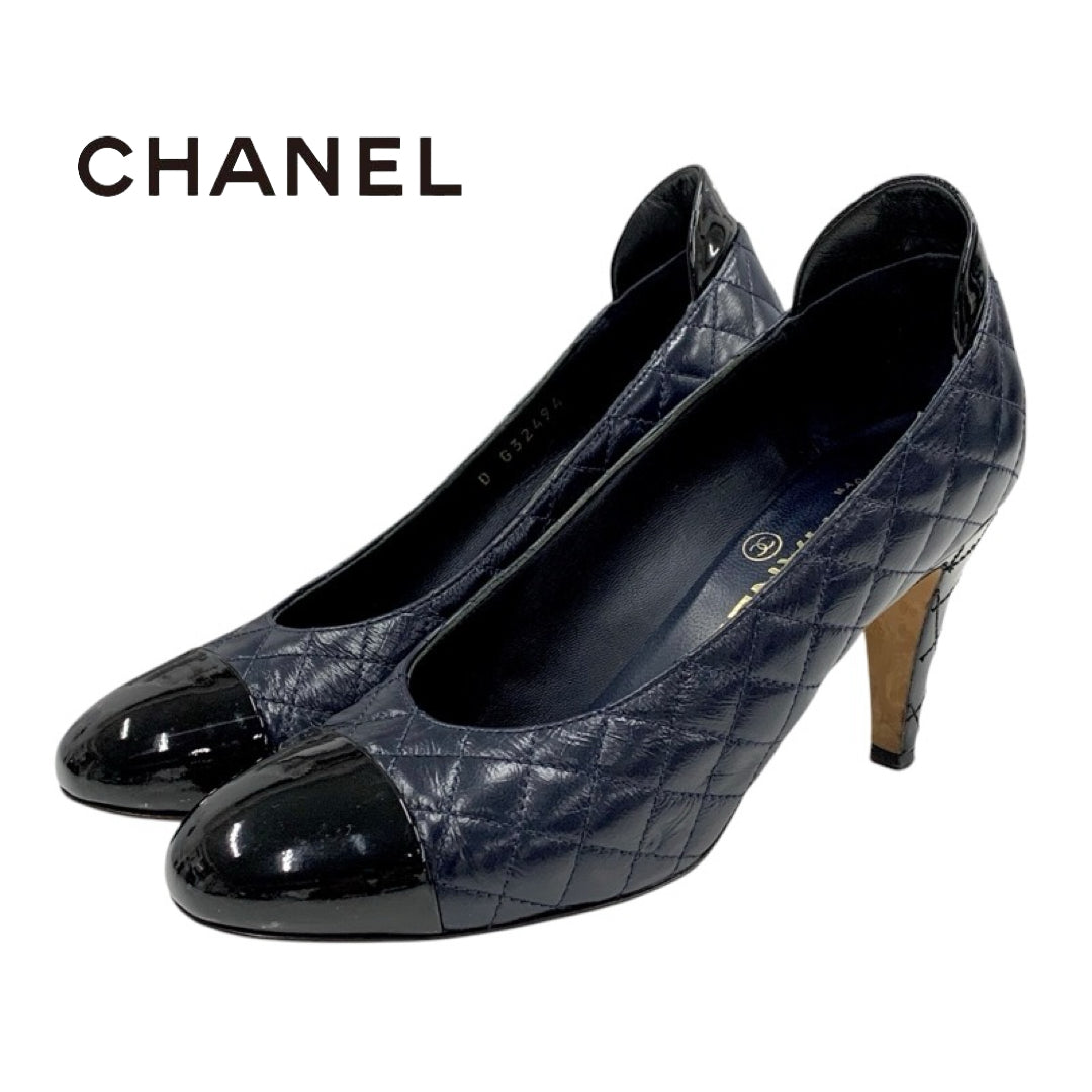 Chanel CHANEL Pumps Shoes Leather Patent Navy Black Coco Mark Matelasse