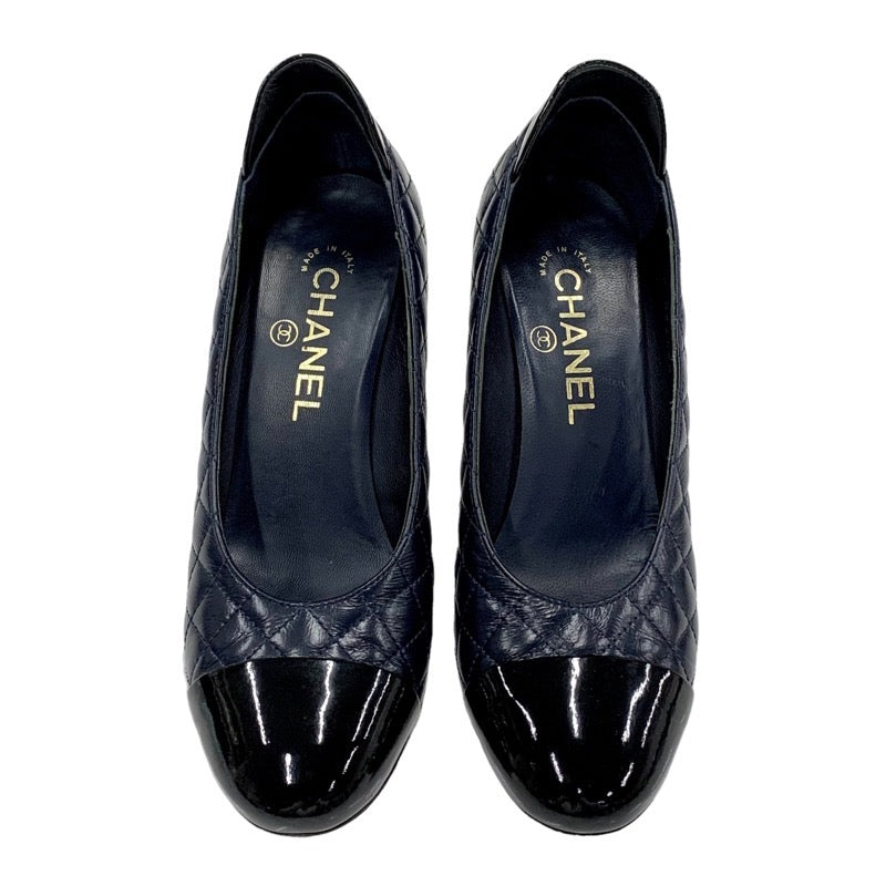 Chanel CHANEL Pumps Shoes Leather Patent Navy Black Coco Mark Matelasse