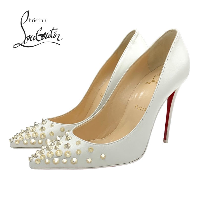 Christian Louboutin Pumps Shoes, Leather, White, Spikes, Studs