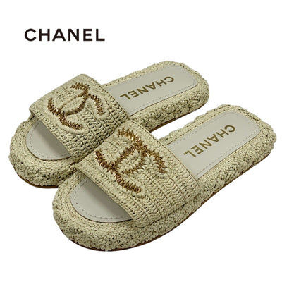 Chanel Sandals Shoes, Straws, Beige, Gold, Flat Sandals, Mules, Coco Mark Chain