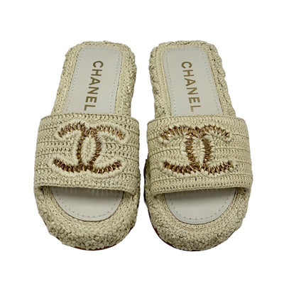 Chanel Sandals Shoes, Straws, Beige, Gold, Flat Sandals, Mules, Coco Mark Chain