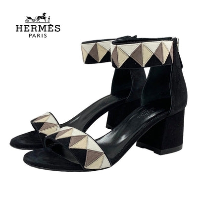 Hermes HERMES Sandals Shoes Suede Black Beige Ankle Strap