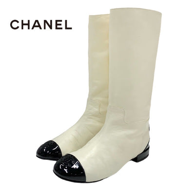 Chanel CHANEL boots, long boots, shoes, leather, patent, white, black, coco mark, middle boots