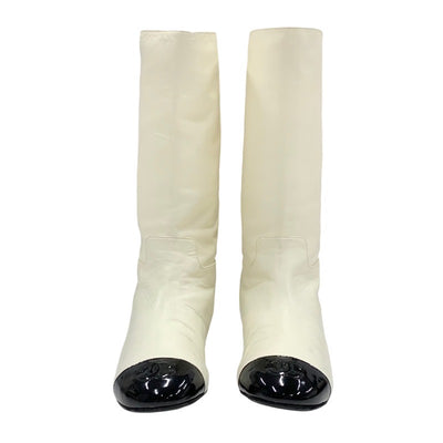 Chanel CHANEL boots, long boots, shoes, leather, patent, white, black, coco mark, middle boots