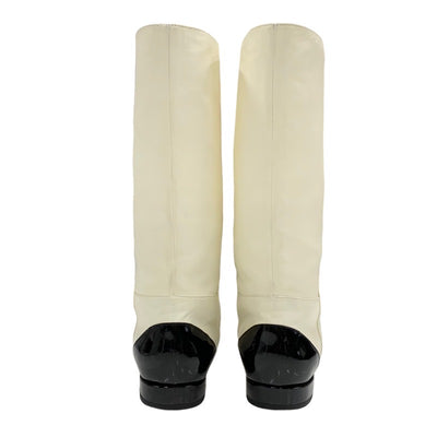 Chanel CHANEL boots, long boots, shoes, leather, patent, white, black, coco mark, middle boots