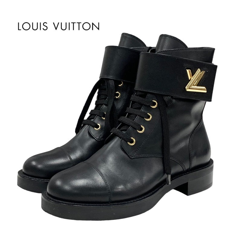 ルイヴィトン LOUIS VUITTON LV ワンダーランドライン ショートブーツ アンクルブーツ レースアップ LV金具 ベルト レザー ブラック