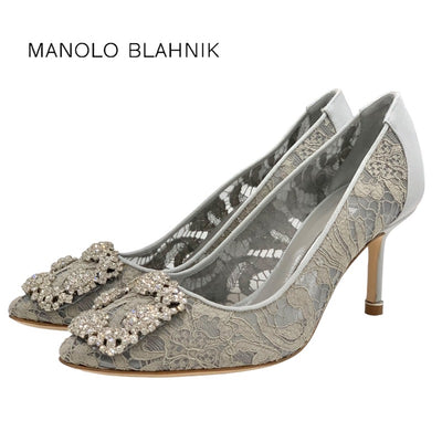 マノロブラニク MANOLO BLAHNIK ハンギシ パンプス 靴 シューズ ファブリック グレー ビジュー レース パーティーシューズ