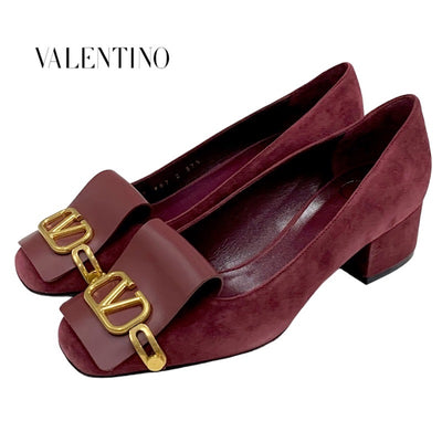 ヴァレンティノ VALENTINO パンプス 靴 シューズ スエード レザー ボルドー ゴールド 未使用 ロゴ金具