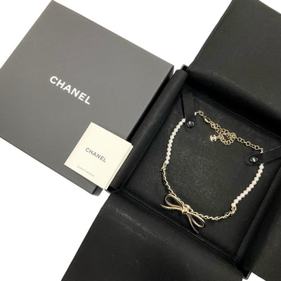 シャネル CHANEL ネックレス チョーカー ココマーク リボン パール ゴールド ブラック