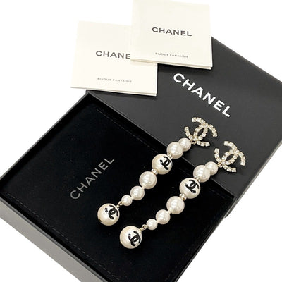 Chanel Earrings Gold Black Coco Mark Rhinestone