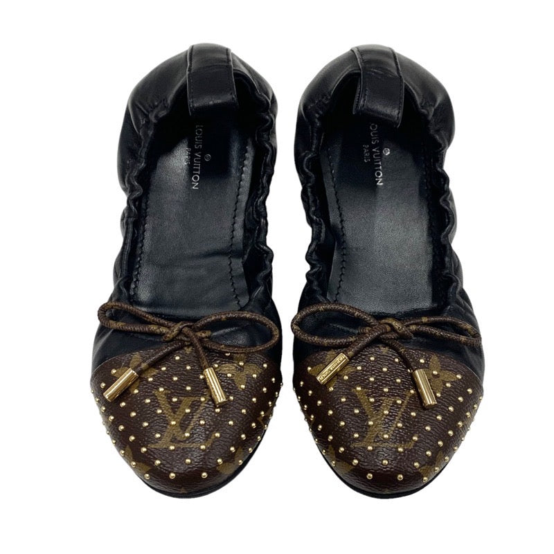 ルイヴィトン LOUIS VUITTON フラーティーライン モノグラム フラットシューズ 靴 シューズ レザー ブラック ブラウン ゴールド バレエシューズ バレリーナ リボン スタッズ