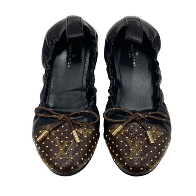 ルイヴィトン LOUIS VUITTON フラーティーライン モノグラム フラットシューズ 靴 シューズ レザー ブラック ブラウン ゴールド バレエシューズ バレリーナ リボン スタッズ