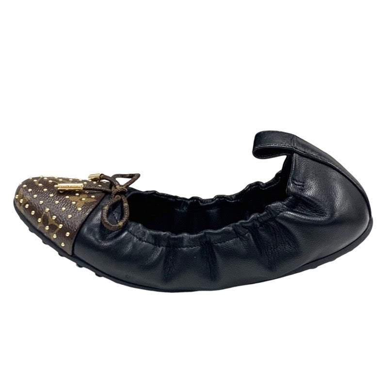 ルイヴィトン LOUIS VUITTON フラーティーライン モノグラム フラットシューズ 靴 シューズ レザー ブラック ブラウン ゴールド バレエシューズ バレリーナ リボン スタッズ