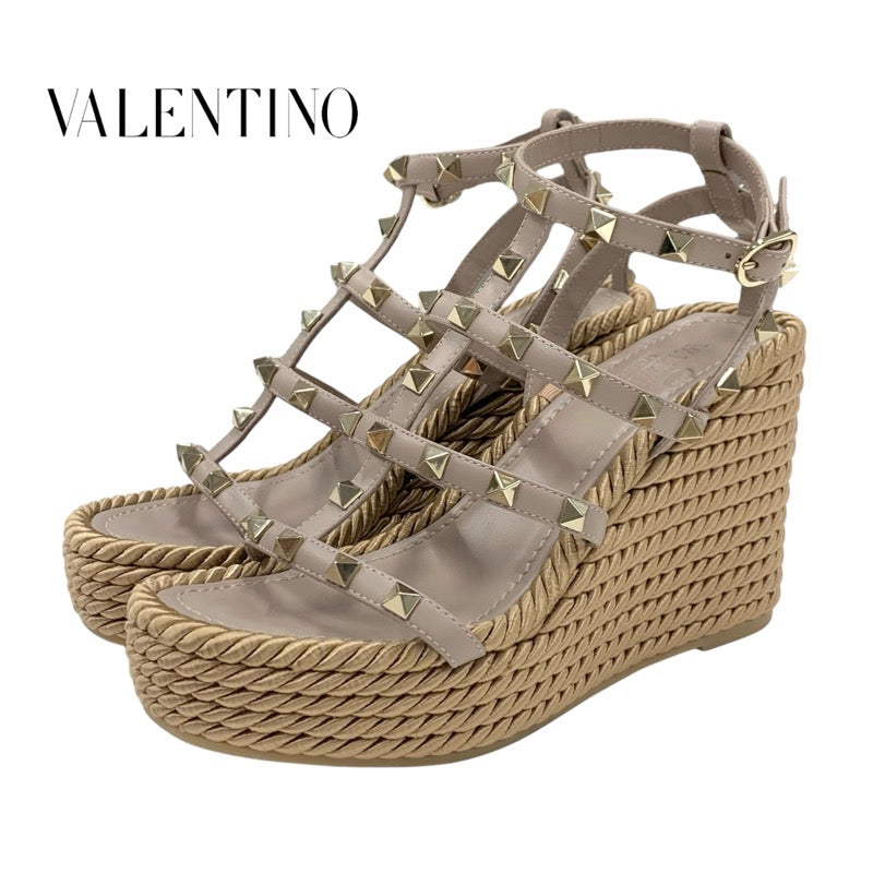 Valentino Sandals, Shoes, Leather, Pink Beige, Gold, Rock Studs, Wedge Sole