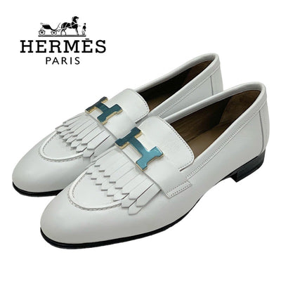 未使用 エルメス HERMES ロワイヤル ローファー 革靴 モカシン フラットシューズ 靴 シューズ H金具 フリンジ レザー ホワイト