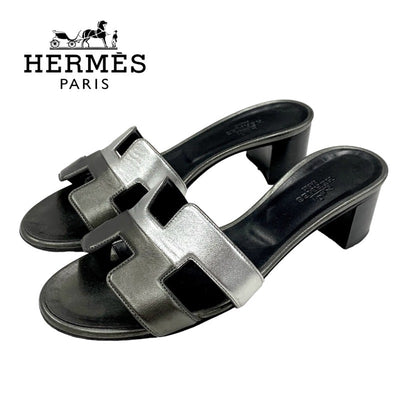 Hermes Oazis Sandals Shoes Leather Khaki Silver Mules Bicolor