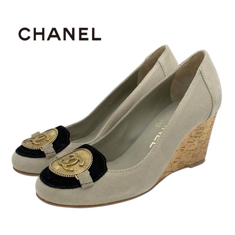 シャネル CHANEL パンプス 靴 シューズ スエード コルク グレー ブラック ゴールド ココマーク ウェッジソール