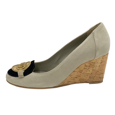 シャネル CHANEL パンプス 靴 シューズ スエード コルク グレー ブラック ゴールド ココマーク ウェッジソール