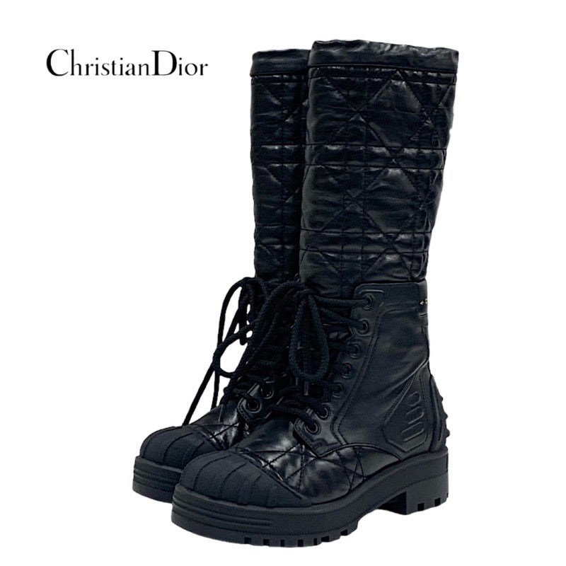 クリスチャンディオール CHRISTIAN DIOR DIORIRON ブーツ ロングブーツ ミドルブーツ キルティング レースアップ レザー ブラック