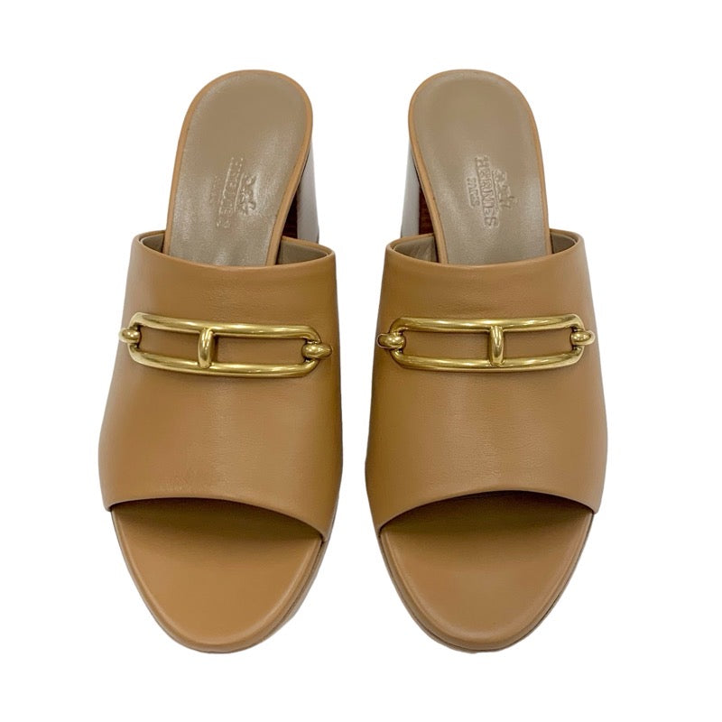 Hermes Camila Sandals Shoes Leather Brown Gold Mules Luri Buckle