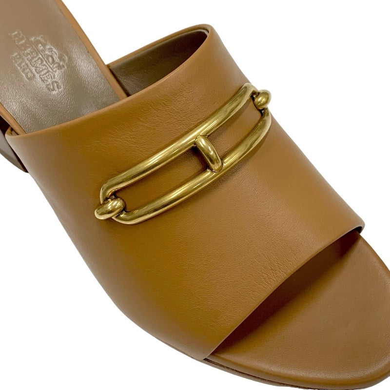 Hermes Camila Sandals Shoes Leather Brown Gold Mules Luri Buckle