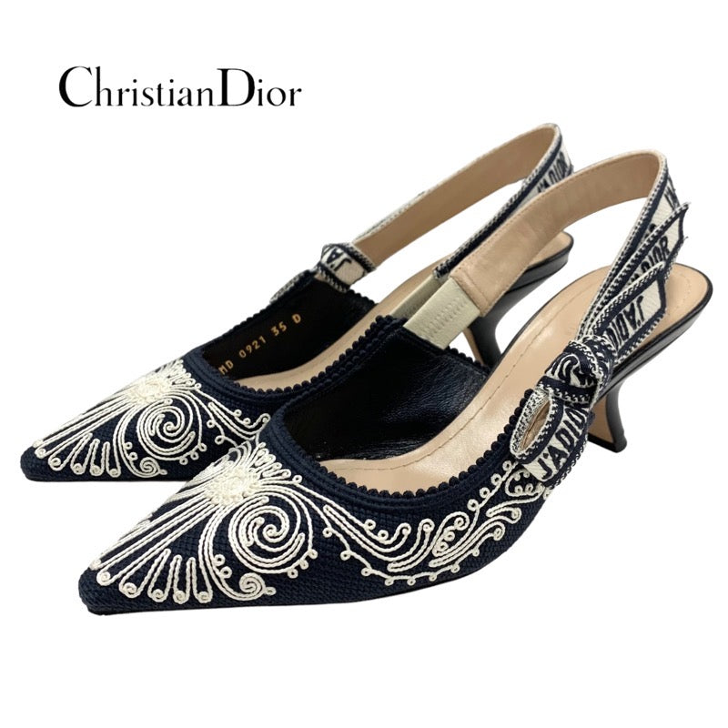 クリスチャンディオール CHRISTIAN DIOR J'ADIOR パンプス 靴 シューズ ファブリック レザー ネイビー サンダル スリングバック 刺繍